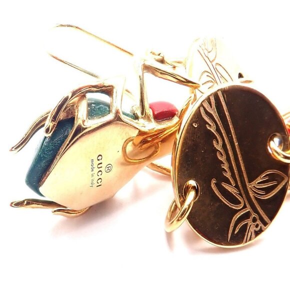 Authentic! Gucci 18k Yellow Gold Diamond Malachite Carnelian Scarab Earrings - Picture 6 of 9